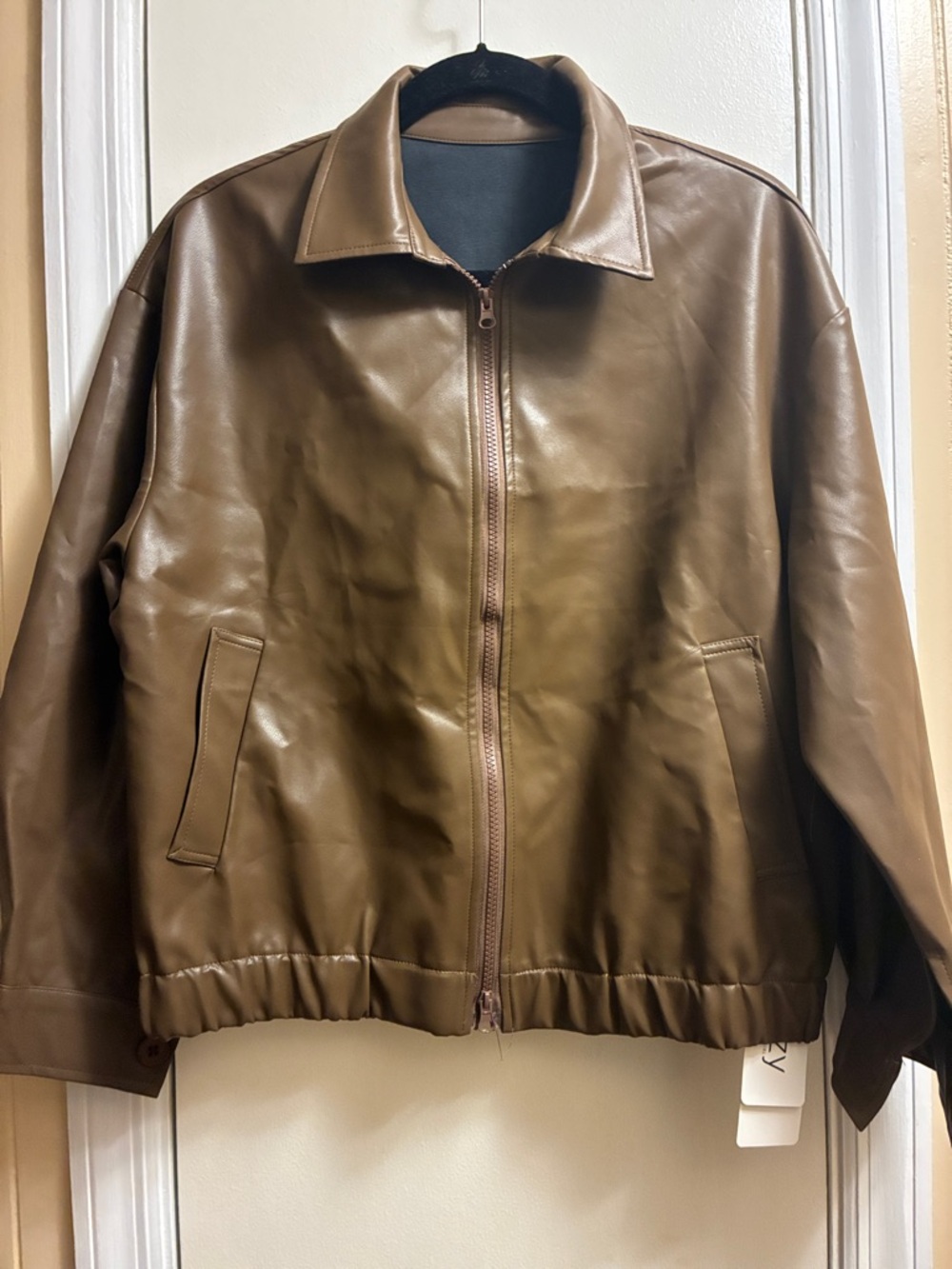 Classic Brown Faux Leather Bomber Jacket